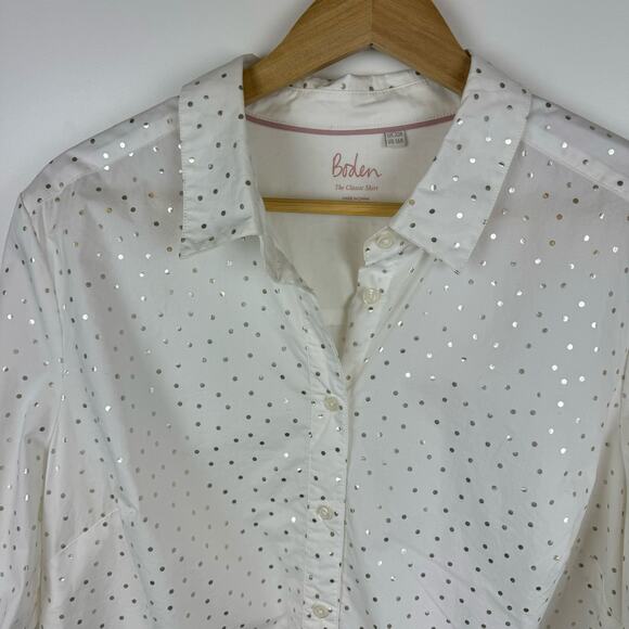 Boden Womens the Classic Shirt Button Up in White and‎ Silver Polka Dot Sz 16 - Picture 2 of 10